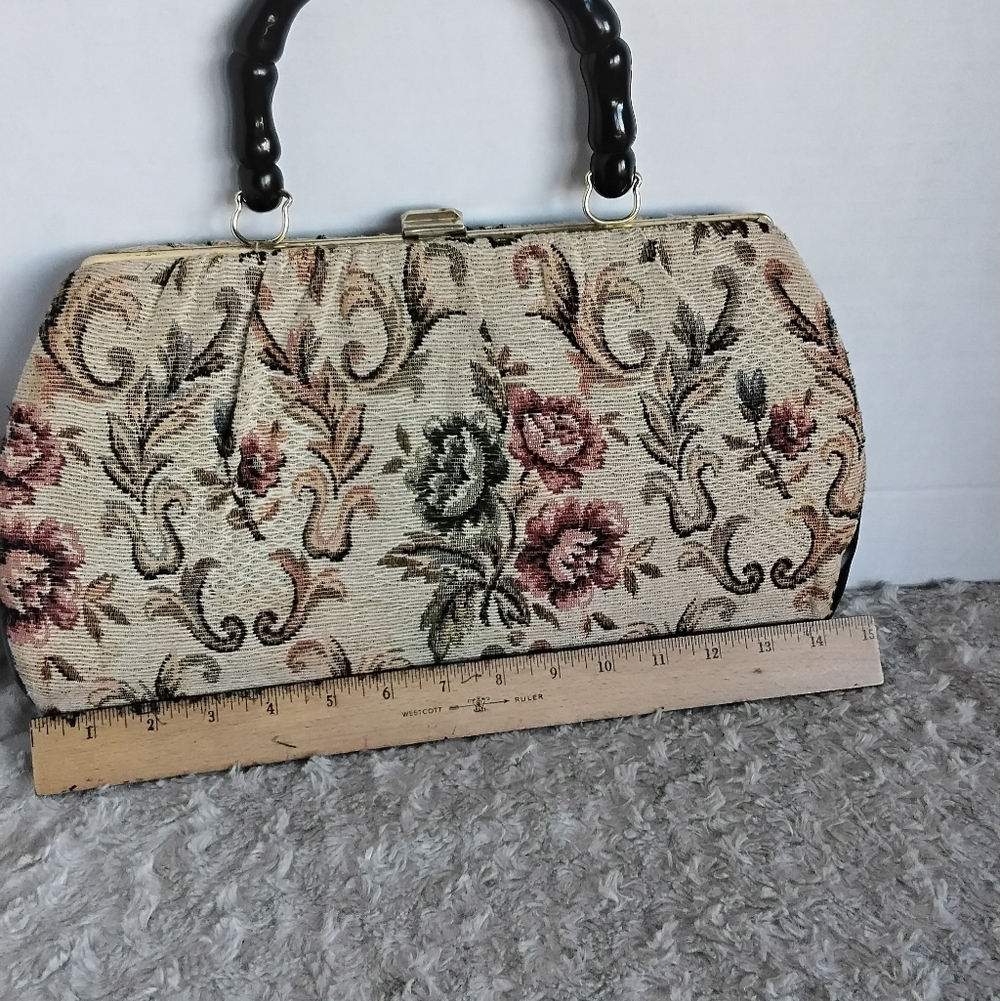 Vintage Floral Tapestry Clutch Handbag with Black Handle - Picture 5 of 6